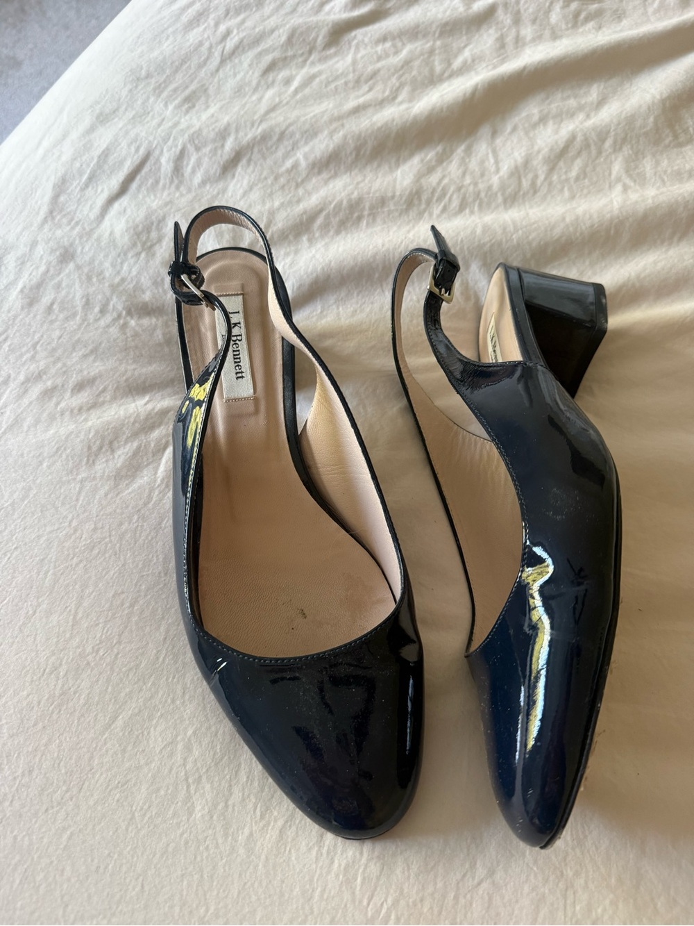 LK Bennett Navy Patent Slingback Block Heels